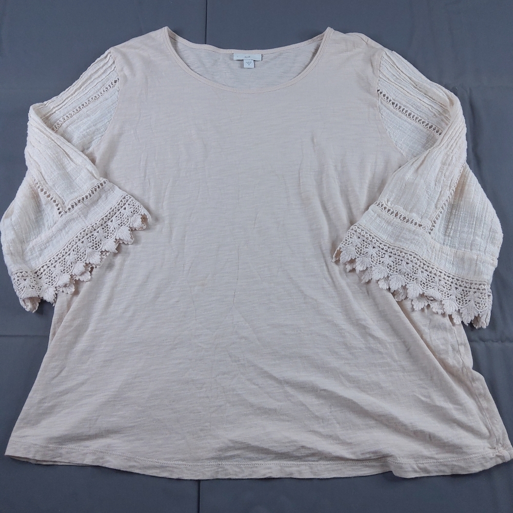 J.jill Bell Sleeve Blouse Size Medium Crochet Embroidery Cotton Modal Soft Pink